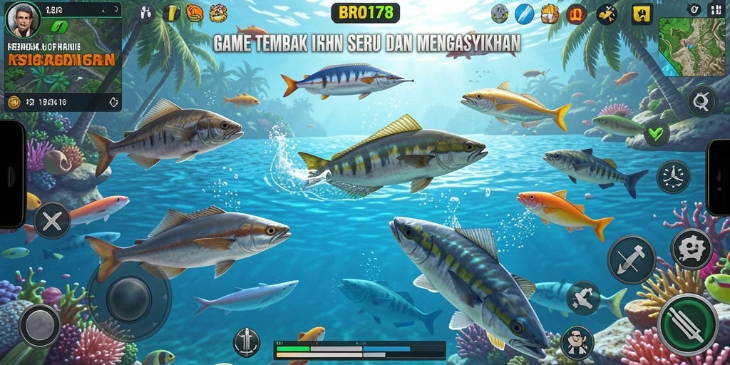 Tangkapan layar gameplay menarik dari BRO178 yang menunjukkan aksi menembak ikan.