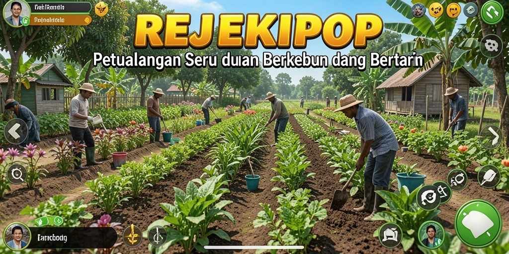 Screenshot gameplay yang menampilkan kebun yang subur dan hewan ternak.