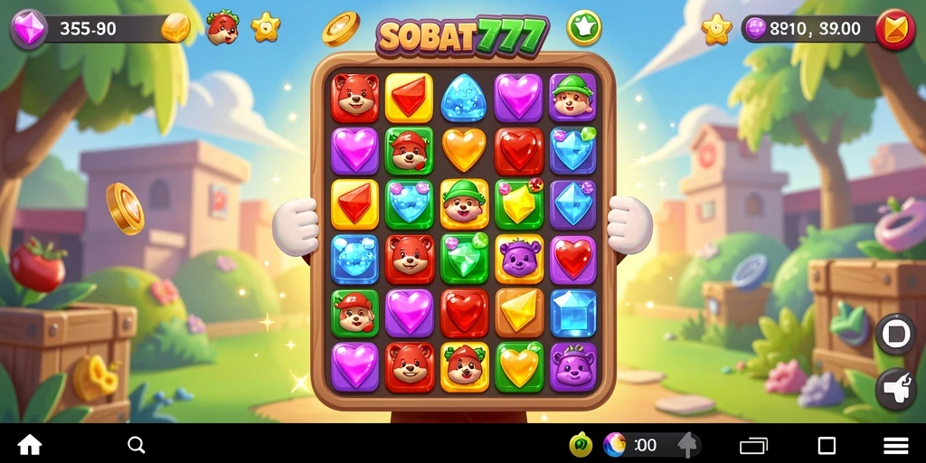 Screenshot utama menunjukkan keseruan gameplay Match-3 di SOBAT777.