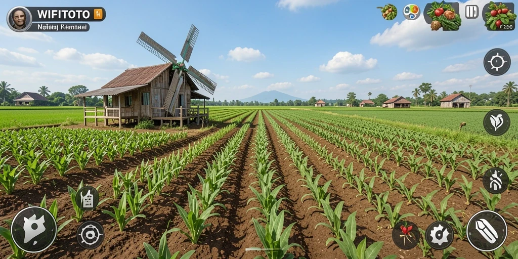 Tampilan gameplay menakjubkan dalam WIFITOTO dengan ladang yang hijau dan subur.